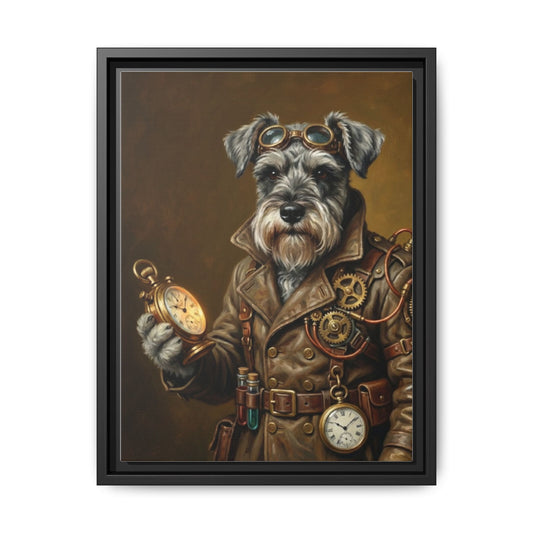Steampunk Schnauzer Matte Framed Canvas Dog with Pocket Watch Wall Art