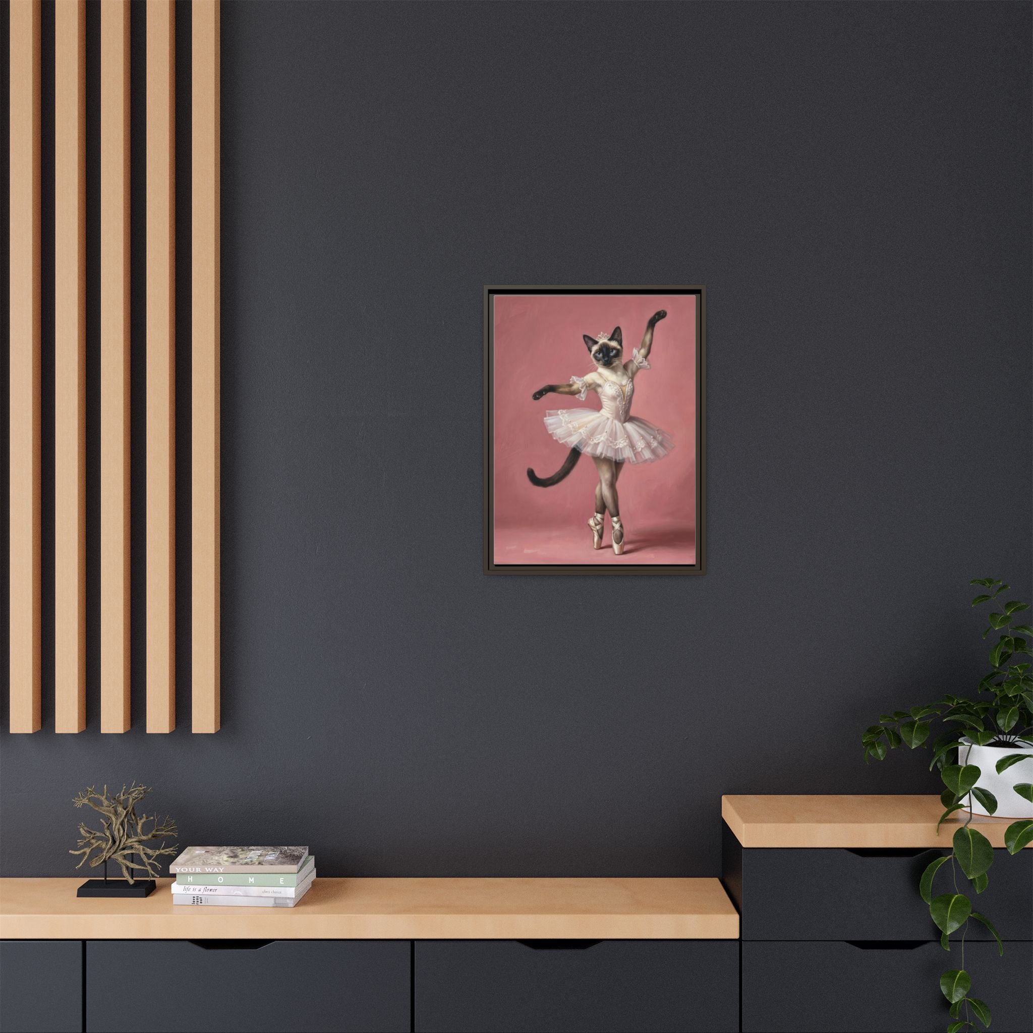 Ballerina Cat Framed Canvas Print — Whimsical Ballet Cat Wall Art