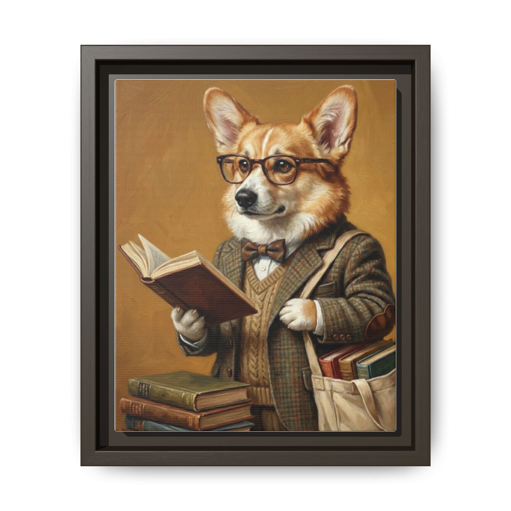 Corgi Scholar Framed Canvas Print — Vintage Dog Professor Wall Art
