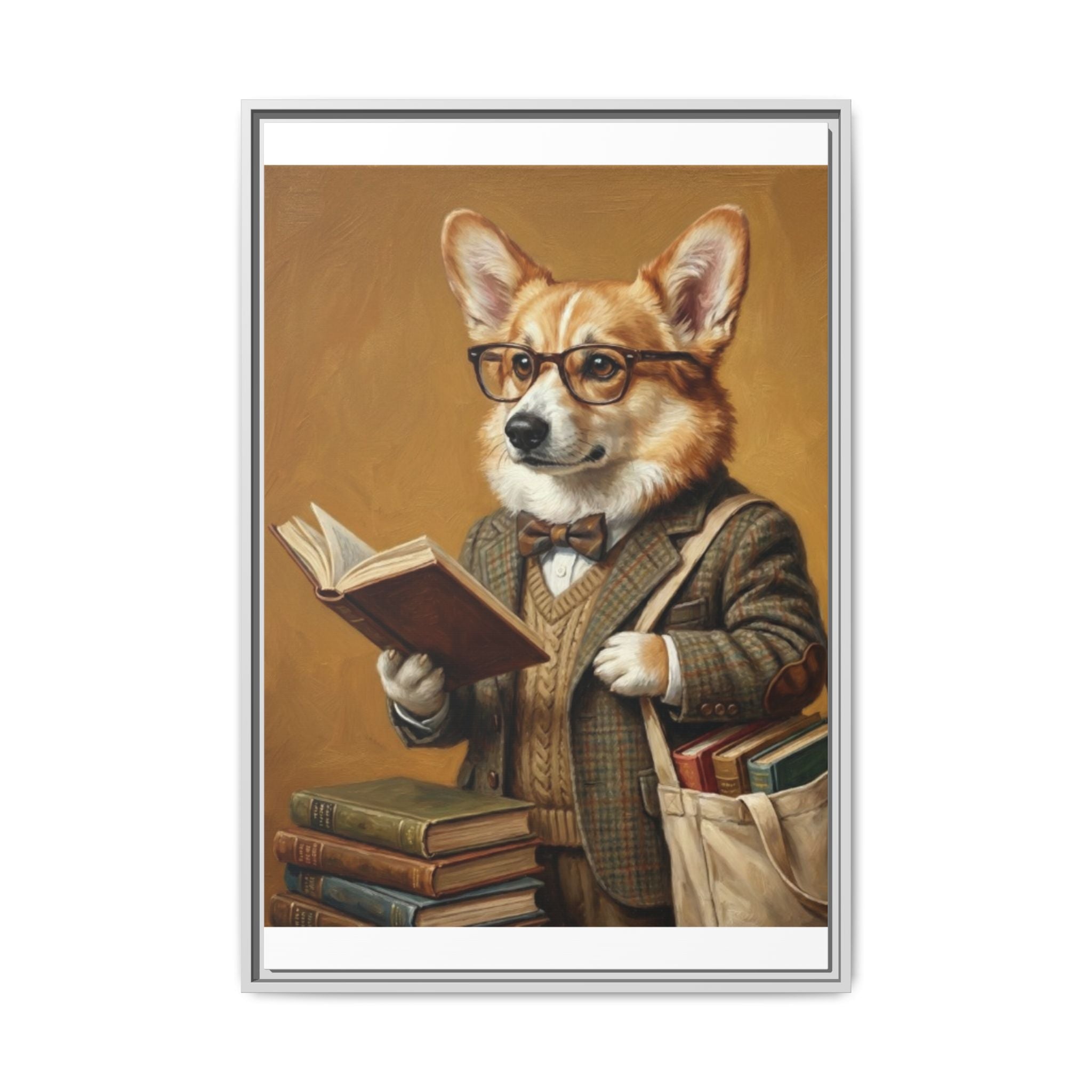 Corgi Scholar Framed Canvas Print — Vintage Dog Professor Wall Art