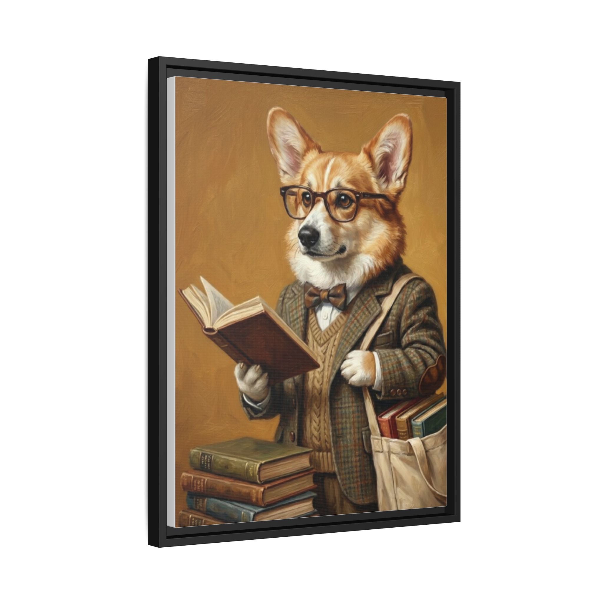 Corgi Scholar Framed Canvas Print — Vintage Dog Professor Wall Art