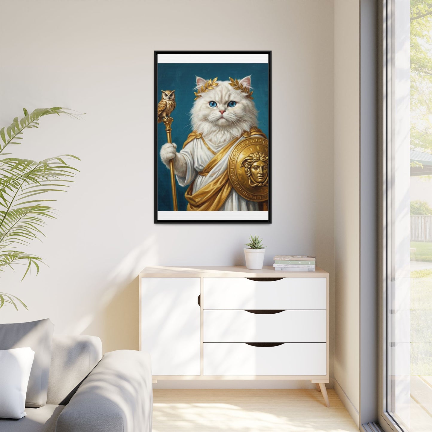 Regal Athena Cat Framed Canvas Print Mythic White Cat Wall Art
