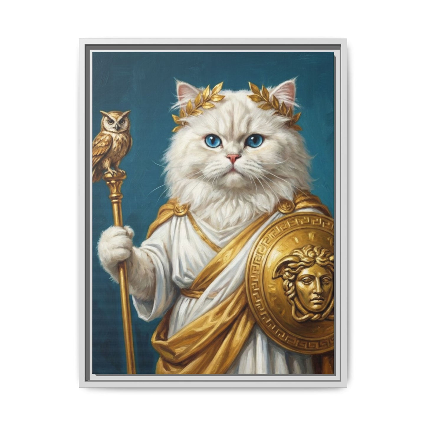Regal Athena Cat Framed Canvas Print Mythic White Cat Wall Art