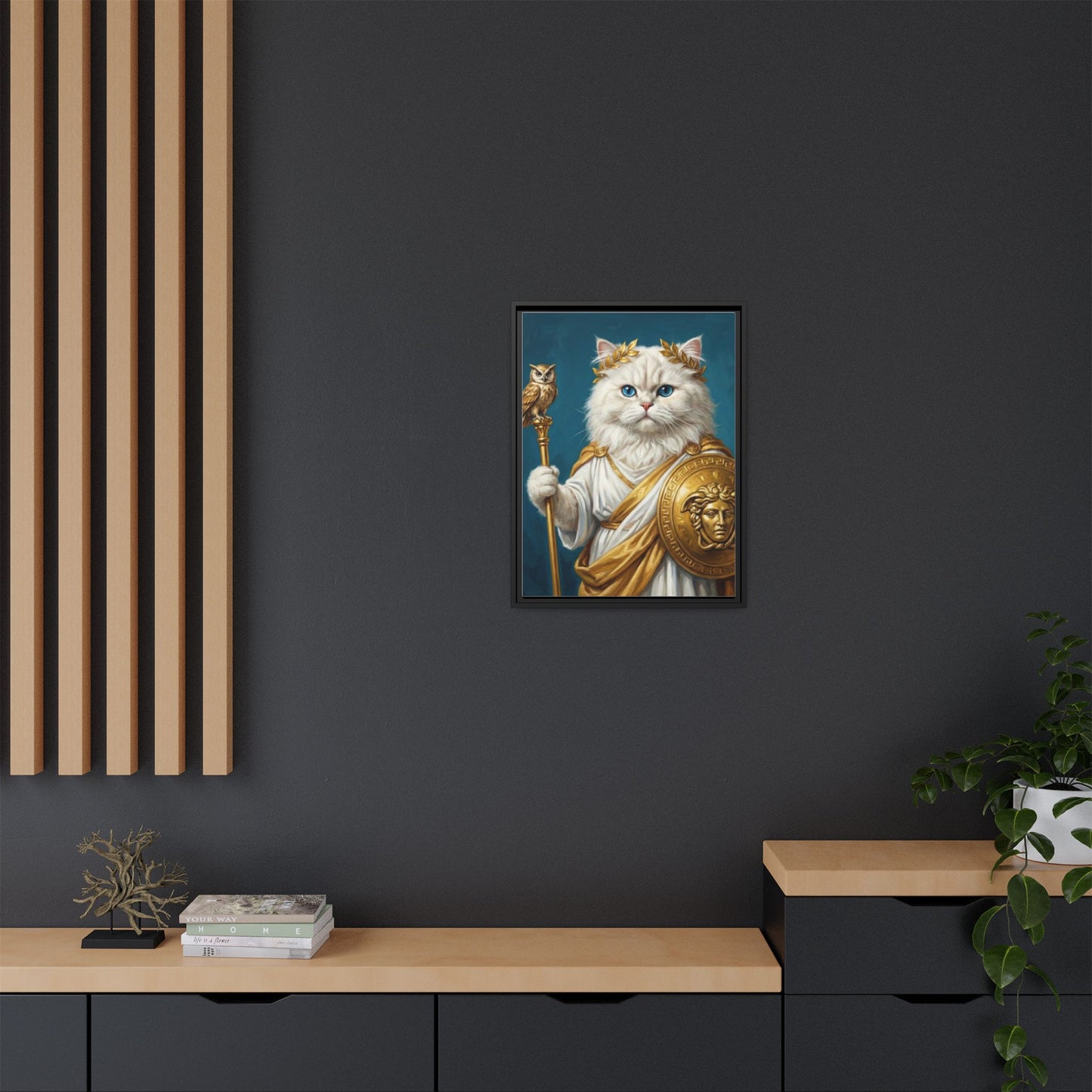 Regal Athena Cat Framed Canvas Print Mythic White Cat Wall Art