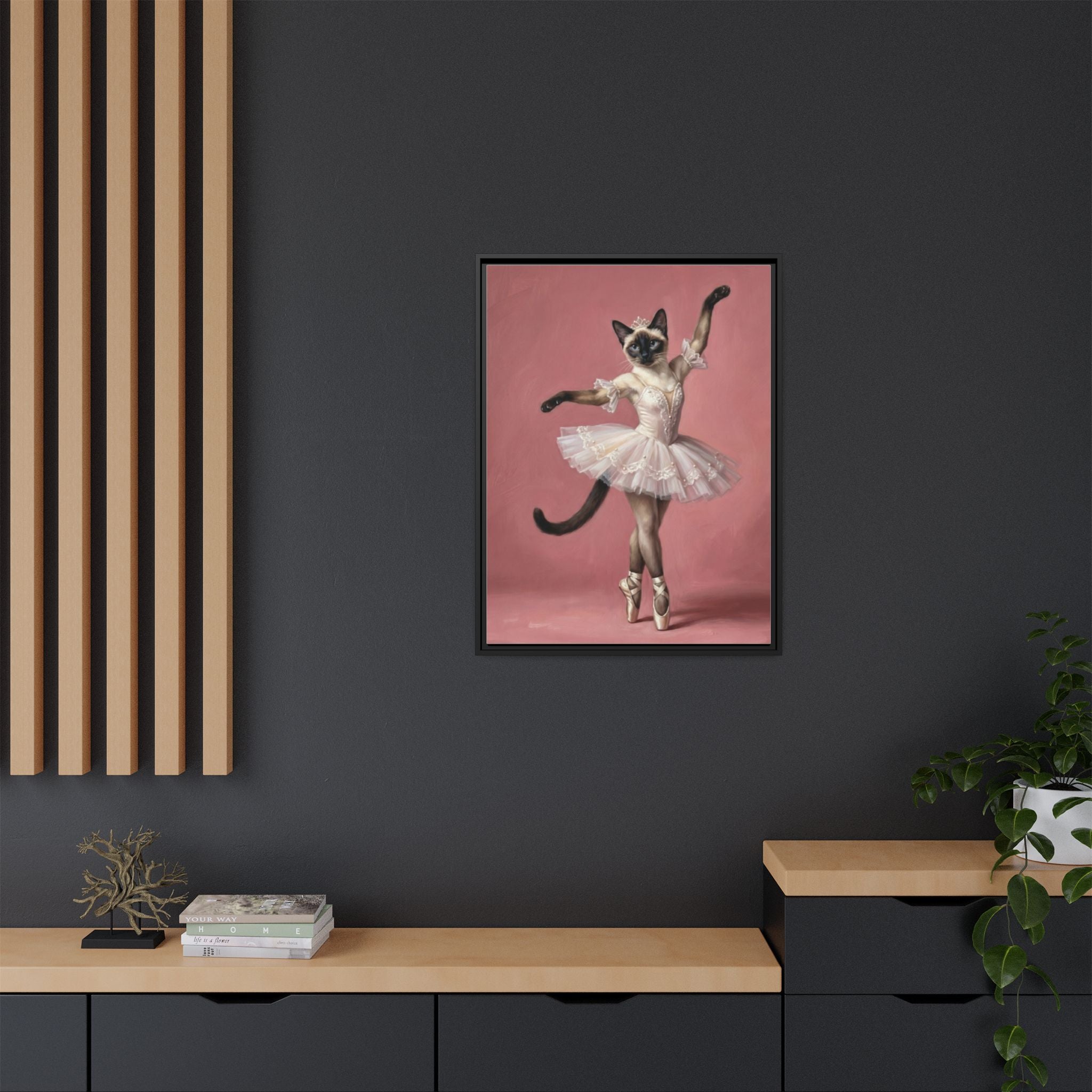 Ballerina Cat Framed Canvas Print — Whimsical Ballet Cat Wall Art