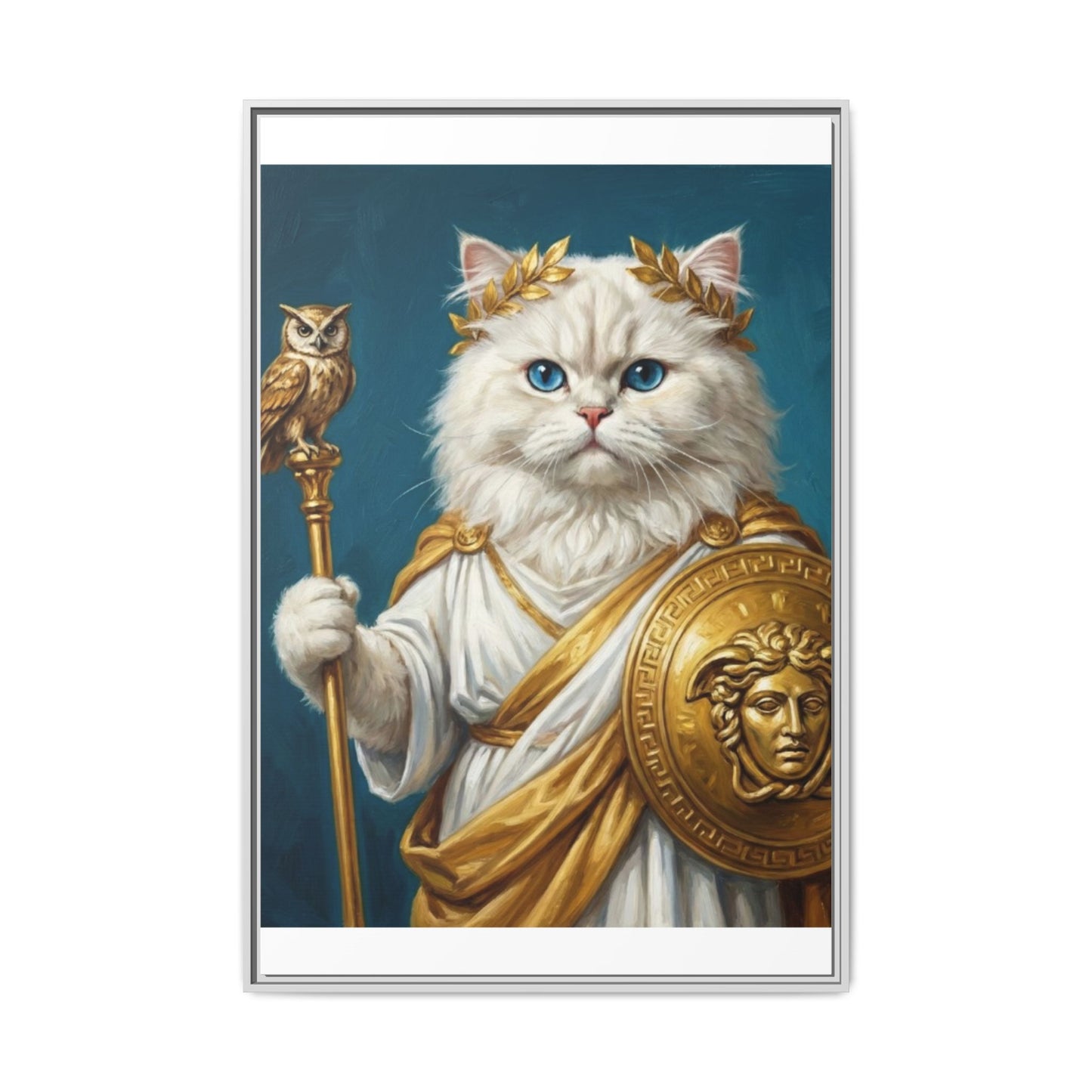 Regal Athena Cat Framed Canvas Print Mythic White Cat Wall Art