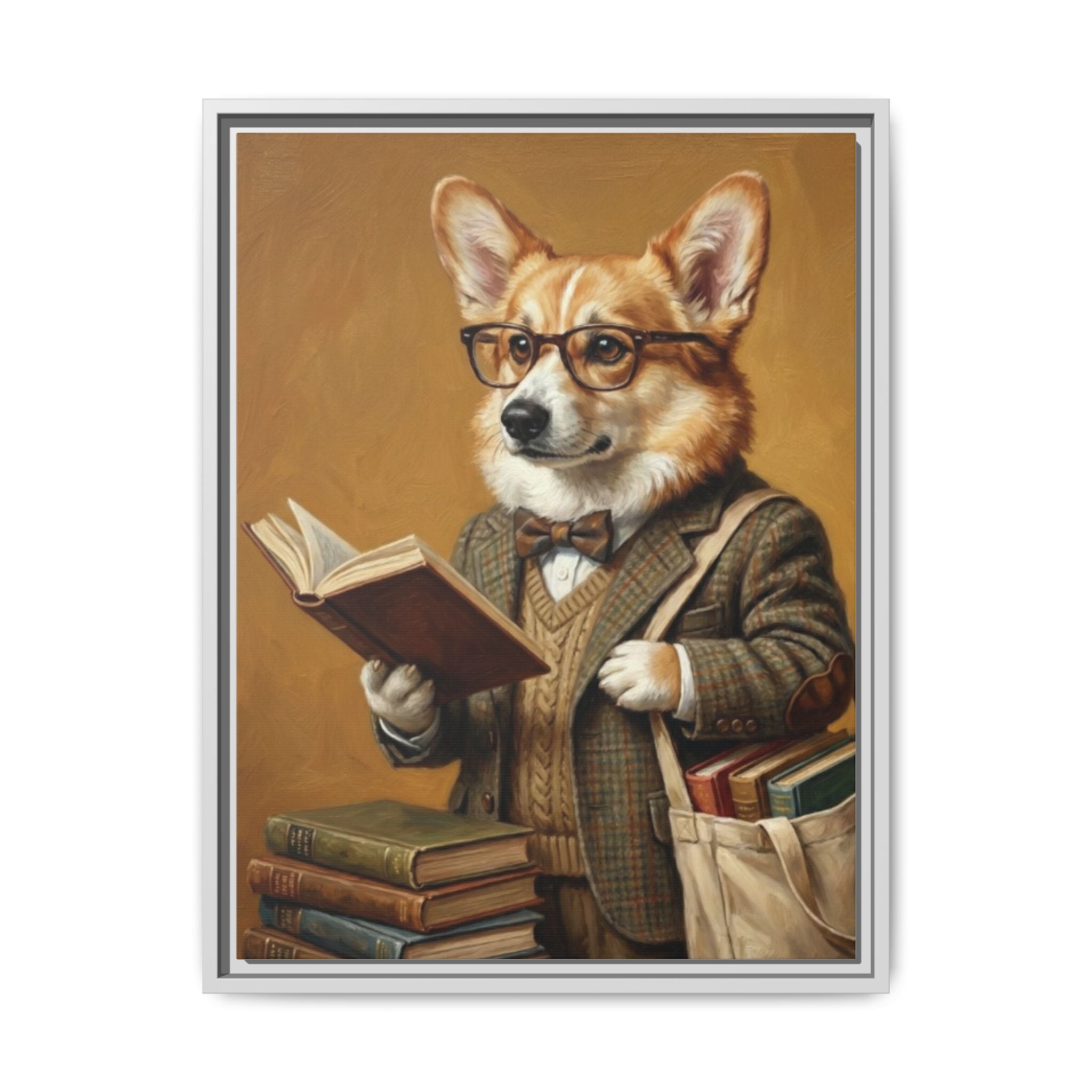 Corgi Scholar Framed Canvas Print — Vintage Dog Professor Wall Art