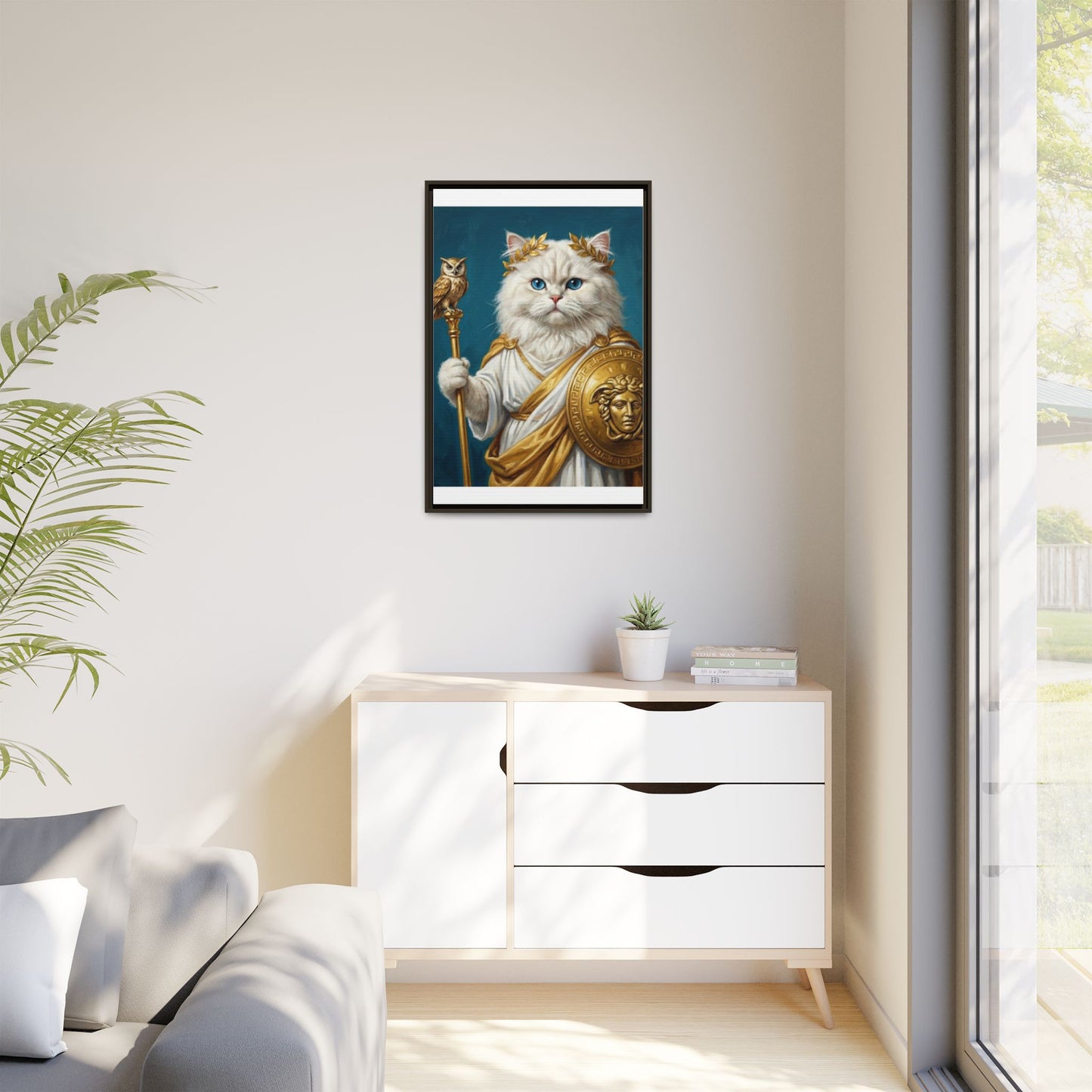 Regal Athena Cat Framed Canvas Print Mythic White Cat Wall Art