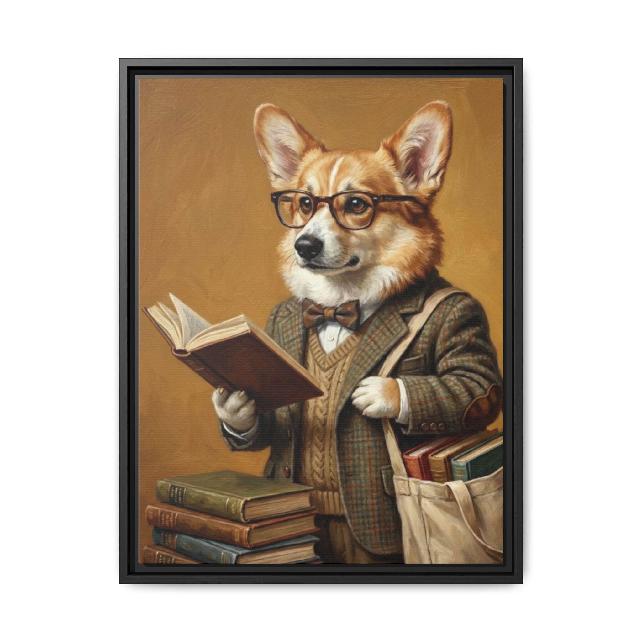 Corgi Scholar Framed Canvas Print — Vintage Dog Professor Wall Art