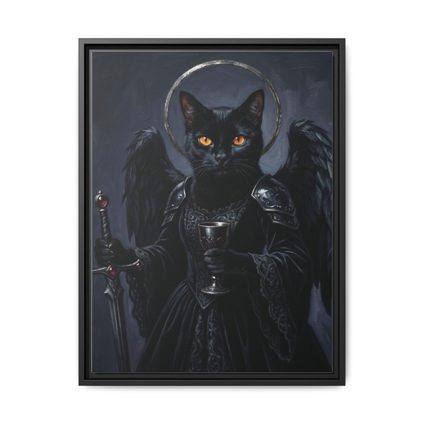 Gothic Black Cat with Halo & Chalice