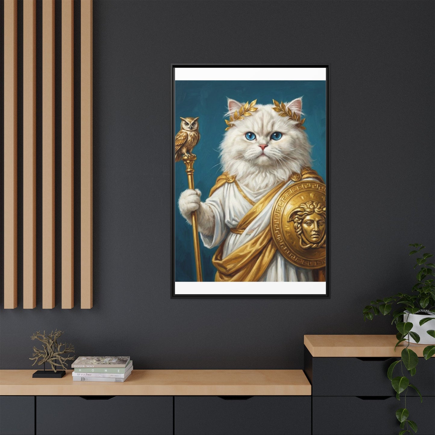 Regal Athena Cat Framed Canvas Print Mythic White Cat Wall Art