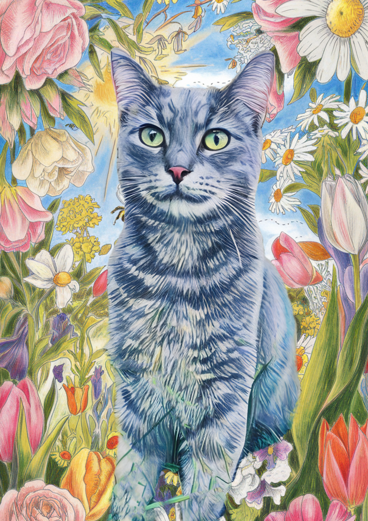 Springtime Whiskers: Custom Cat Portrait with Floral Elegance