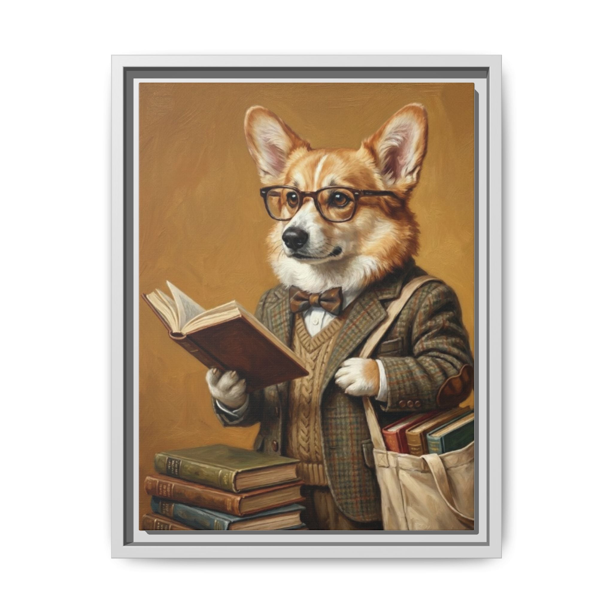 Corgi Scholar Framed Canvas Print — Vintage Dog Professor Wall Art