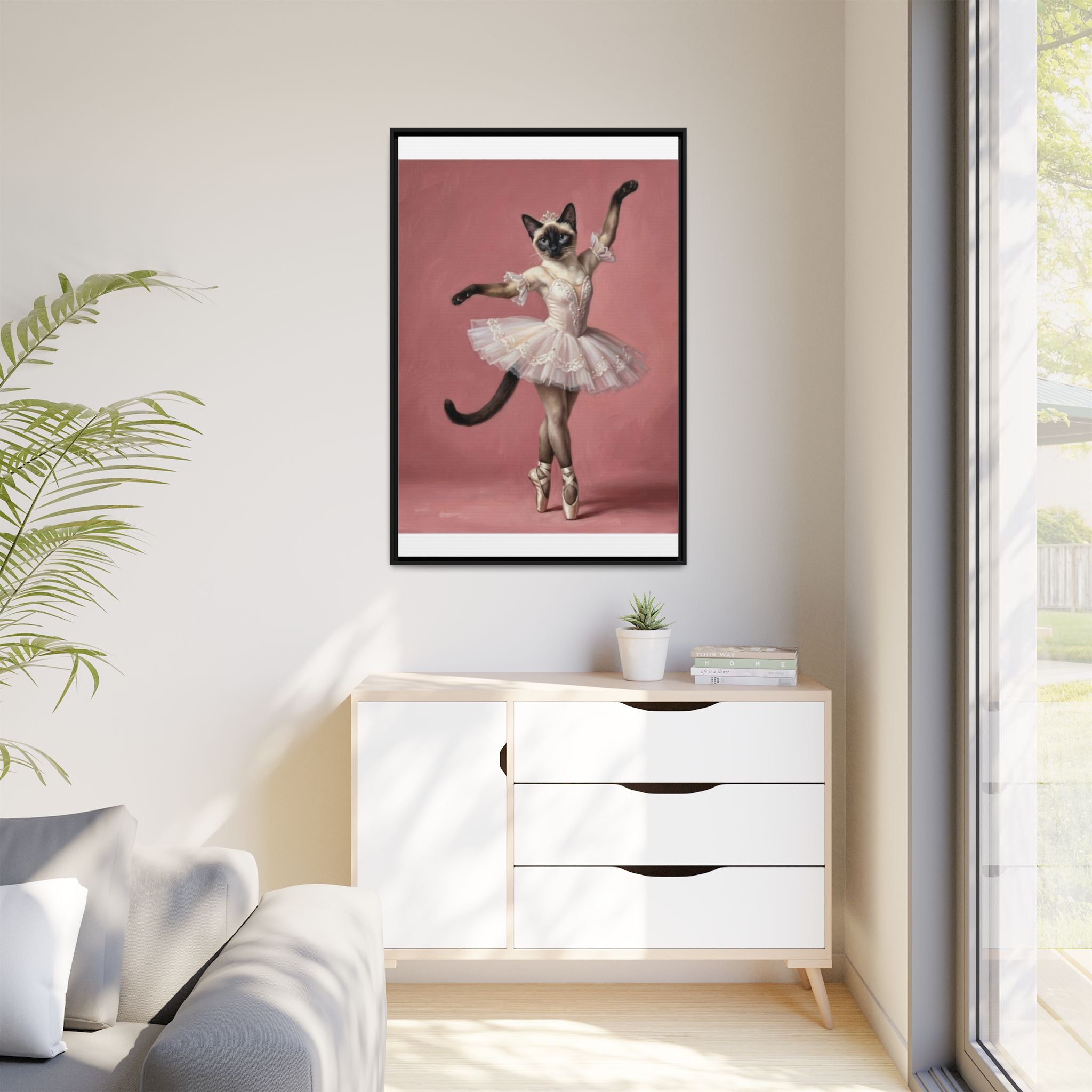 Ballerina Cat Framed Canvas Print — Whimsical Ballet Cat Wall Art