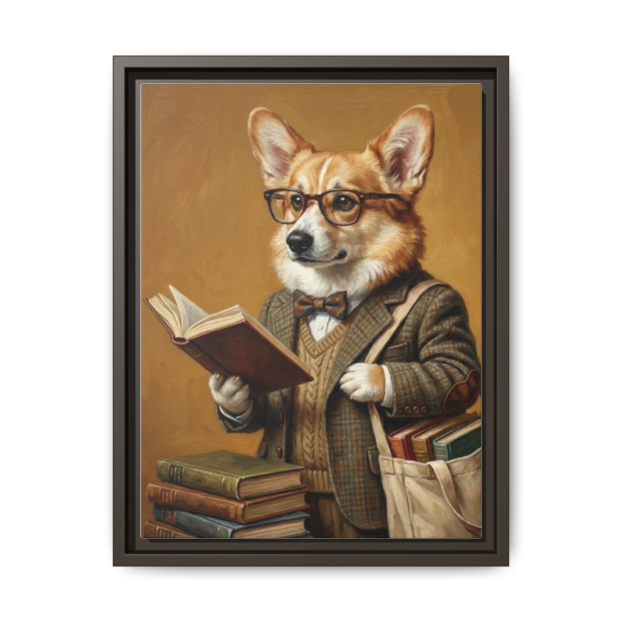 Corgi Scholar Framed Canvas Print — Vintage Dog Professor Wall Art