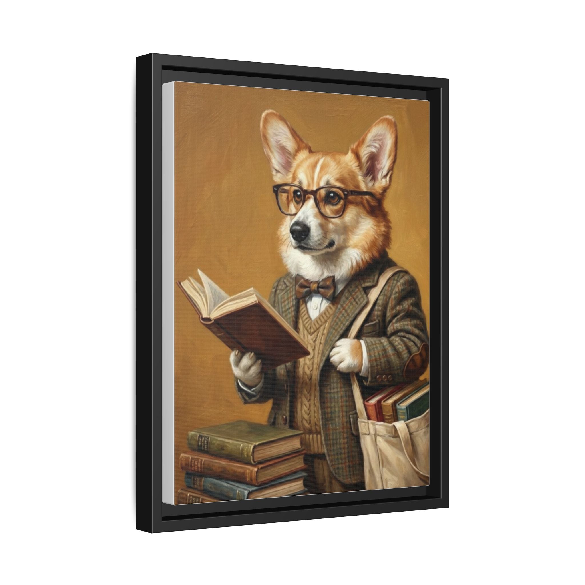 Corgi Scholar Framed Canvas Print — Vintage Dog Professor Wall Art