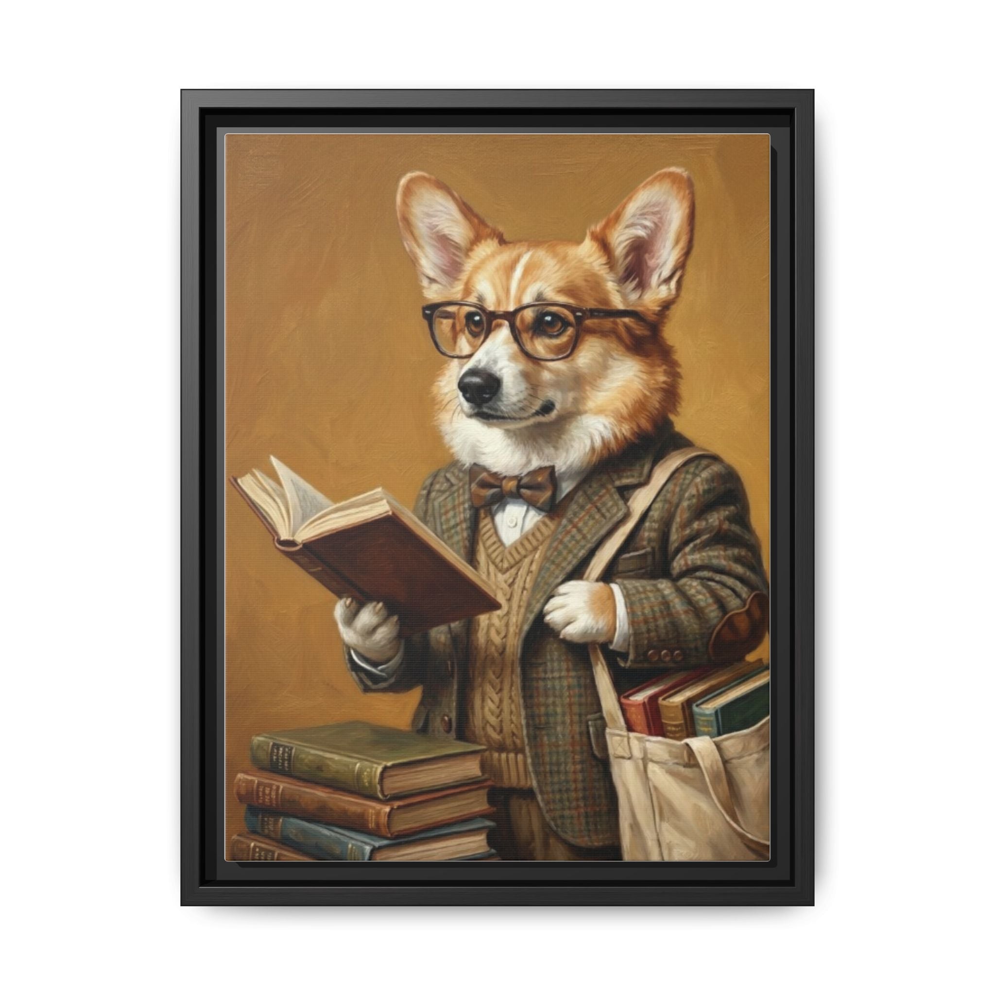 Corgi Scholar Framed Canvas Print — Vintage Dog Professor Wall Art