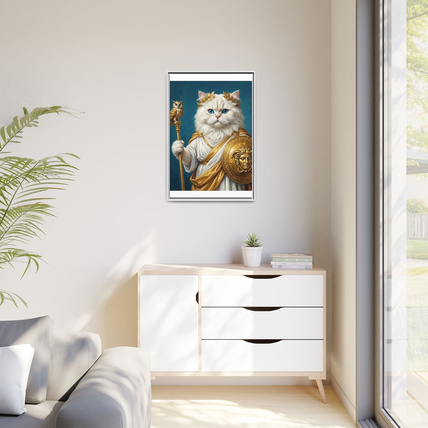 Regal Athena Cat Framed Canvas Print Mythic White Cat Wall Art