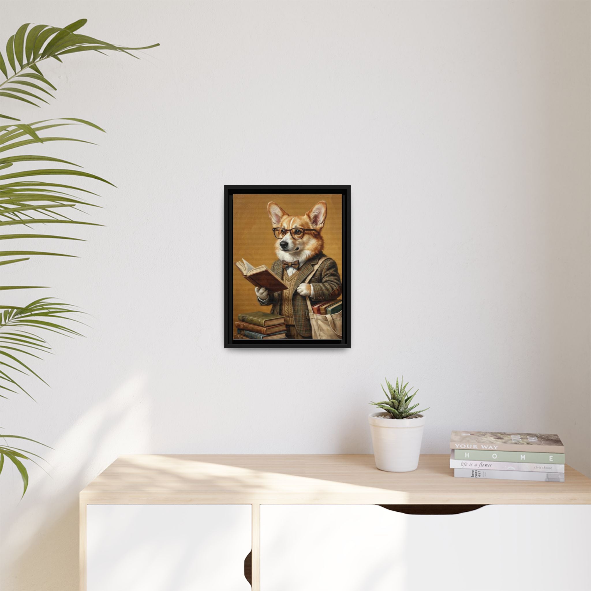 Corgi Scholar Framed Canvas Print — Vintage Dog Professor Wall Art