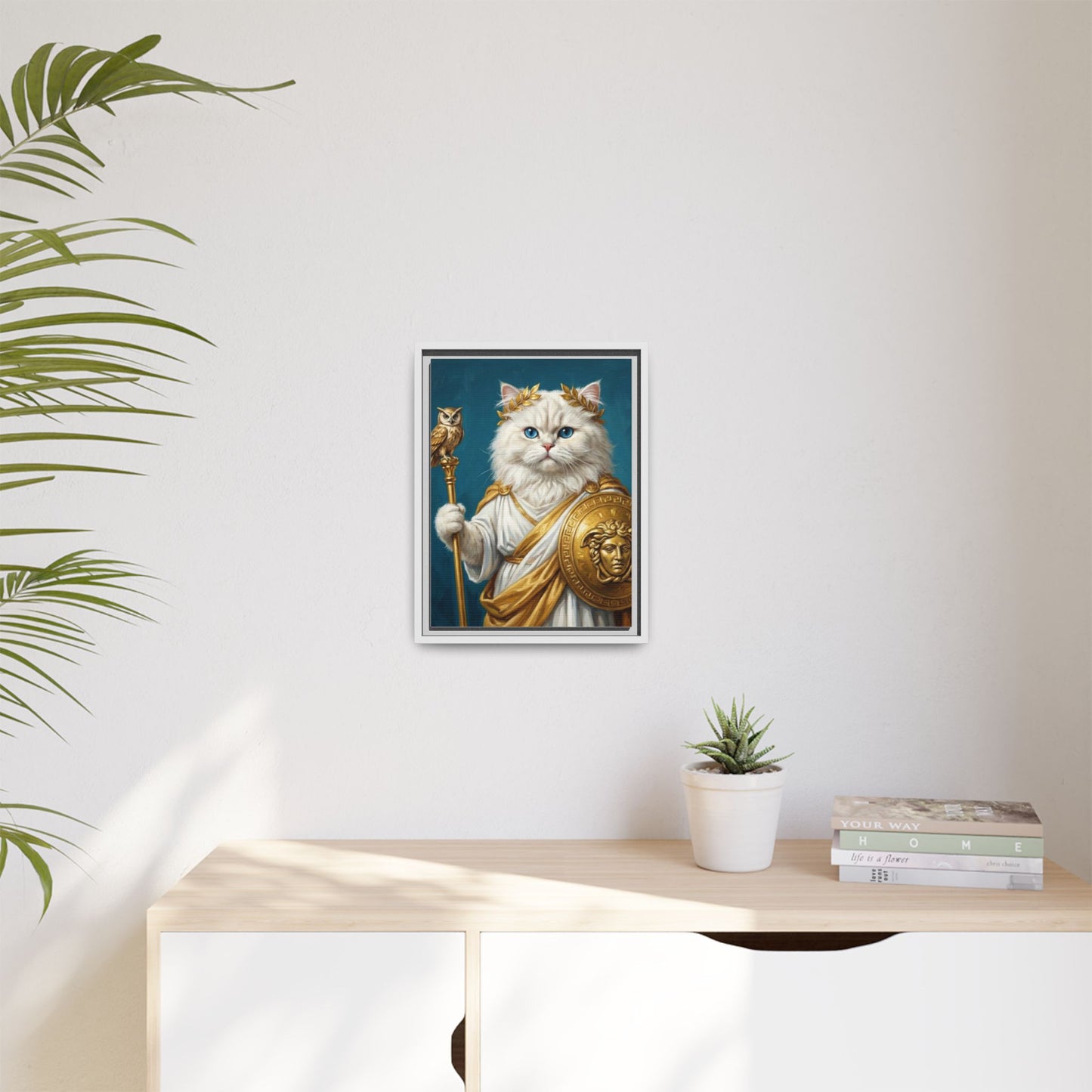 Regal Athena Cat Framed Canvas Print Mythic White Cat Wall Art