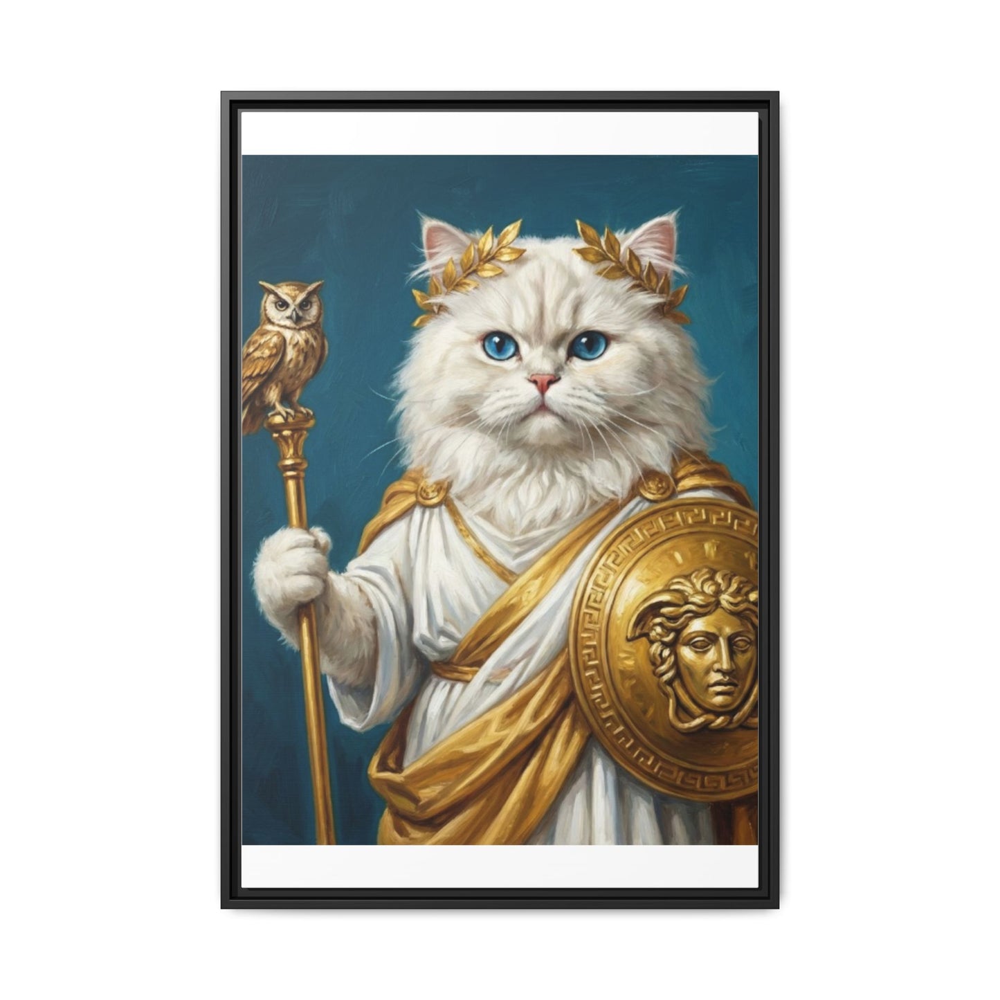 Regal Athena Cat Framed Canvas Print Mythic White Cat Wall Art