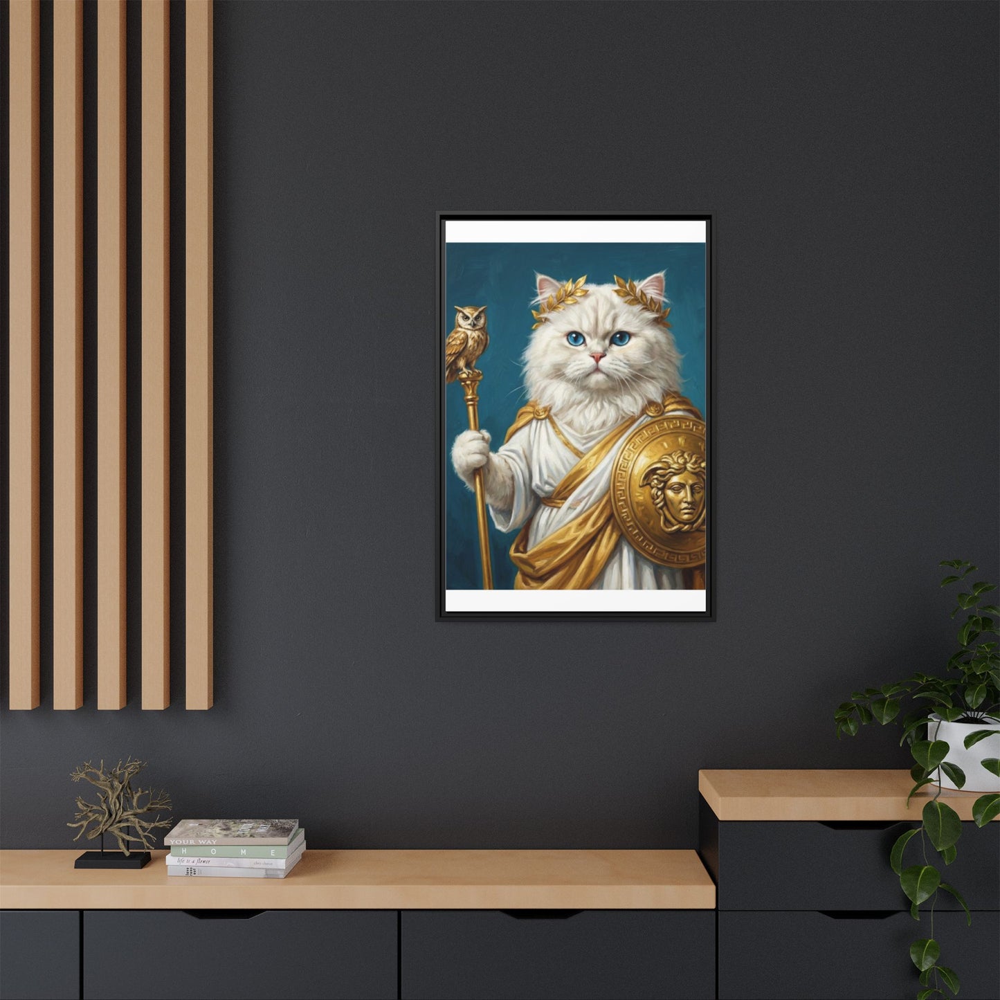 Regal Athena Cat Framed Canvas Print Mythic White Cat Wall Art
