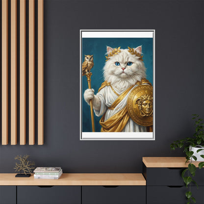 Regal Athena Cat Framed Canvas Print Mythic White Cat Wall Art