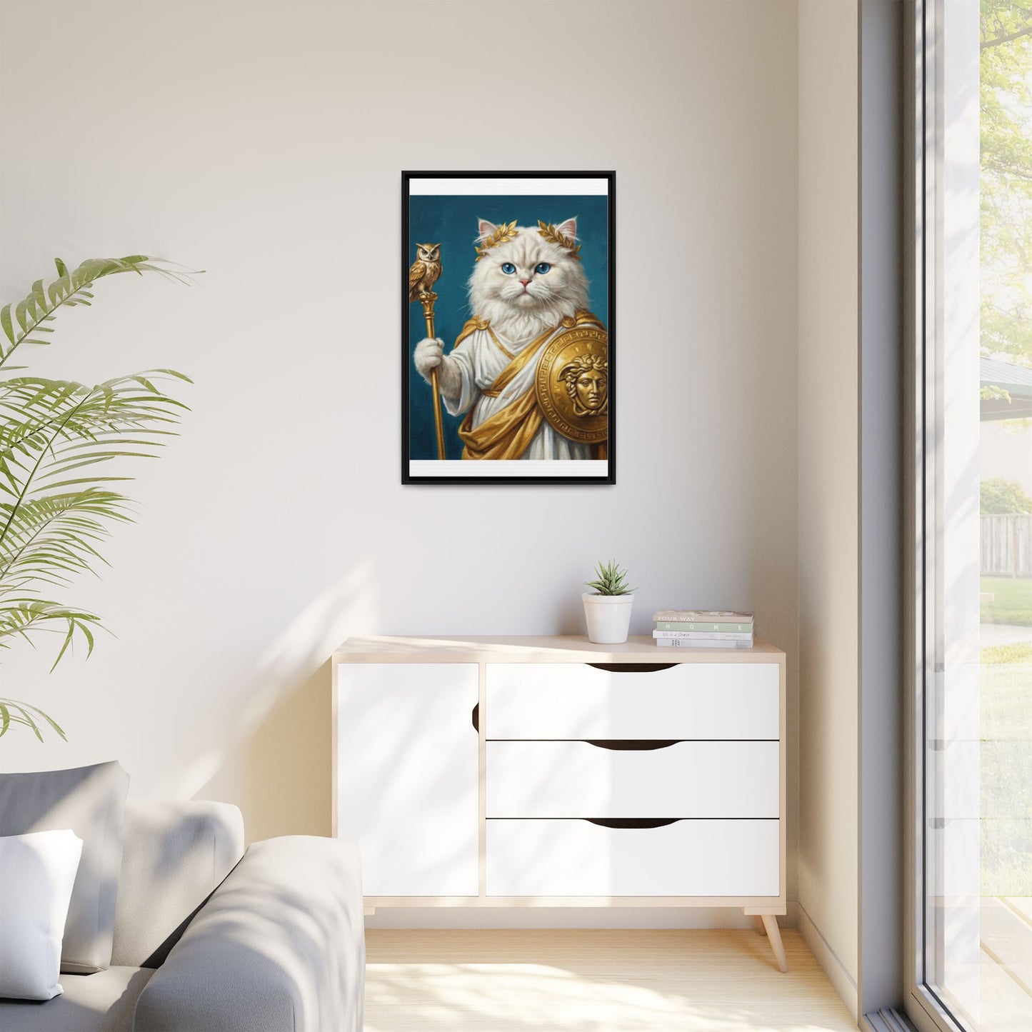Regal Athena Cat Framed Canvas Print Mythic White Cat Wall Art