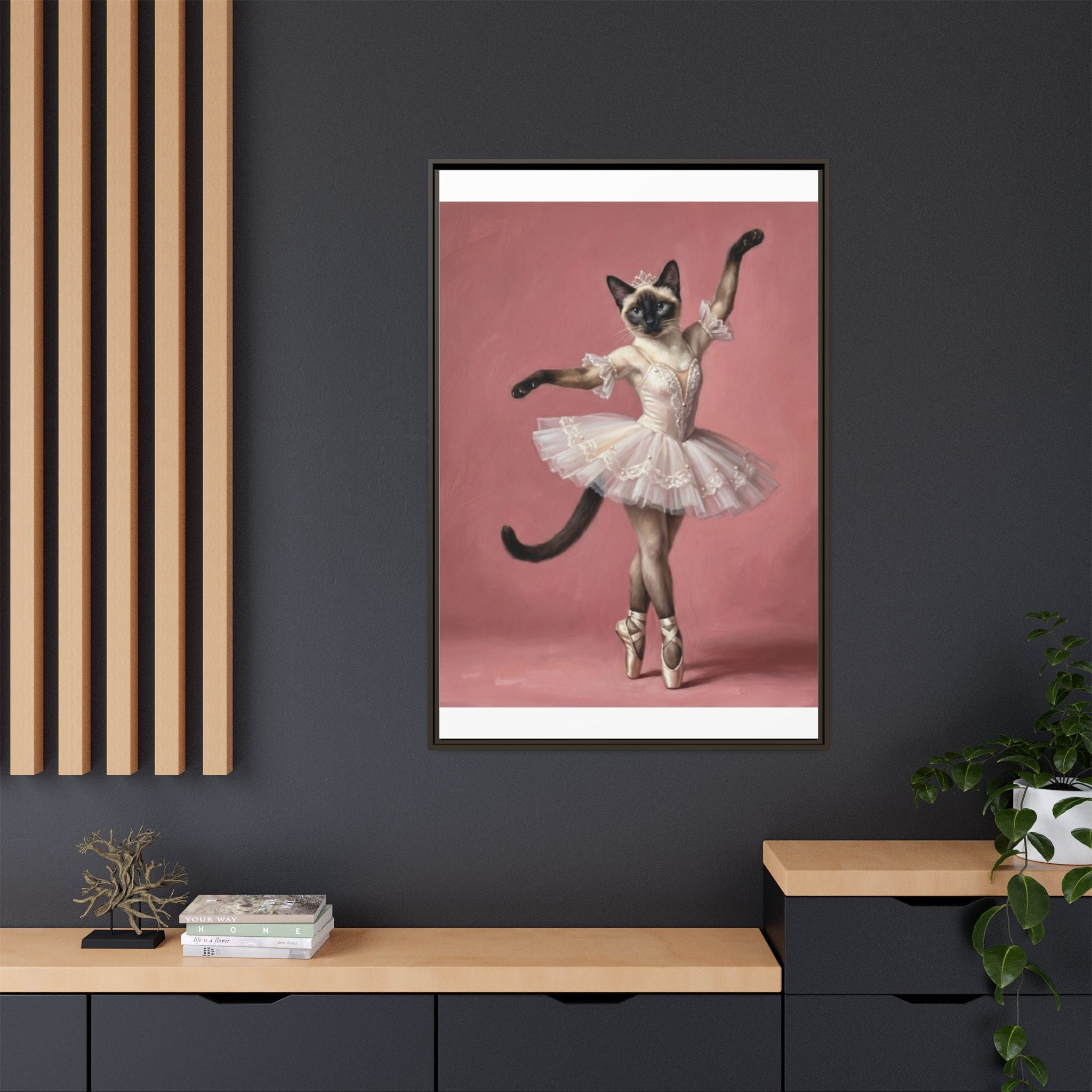 Ballerina Cat Framed Canvas Print — Whimsical Ballet Cat Wall Art