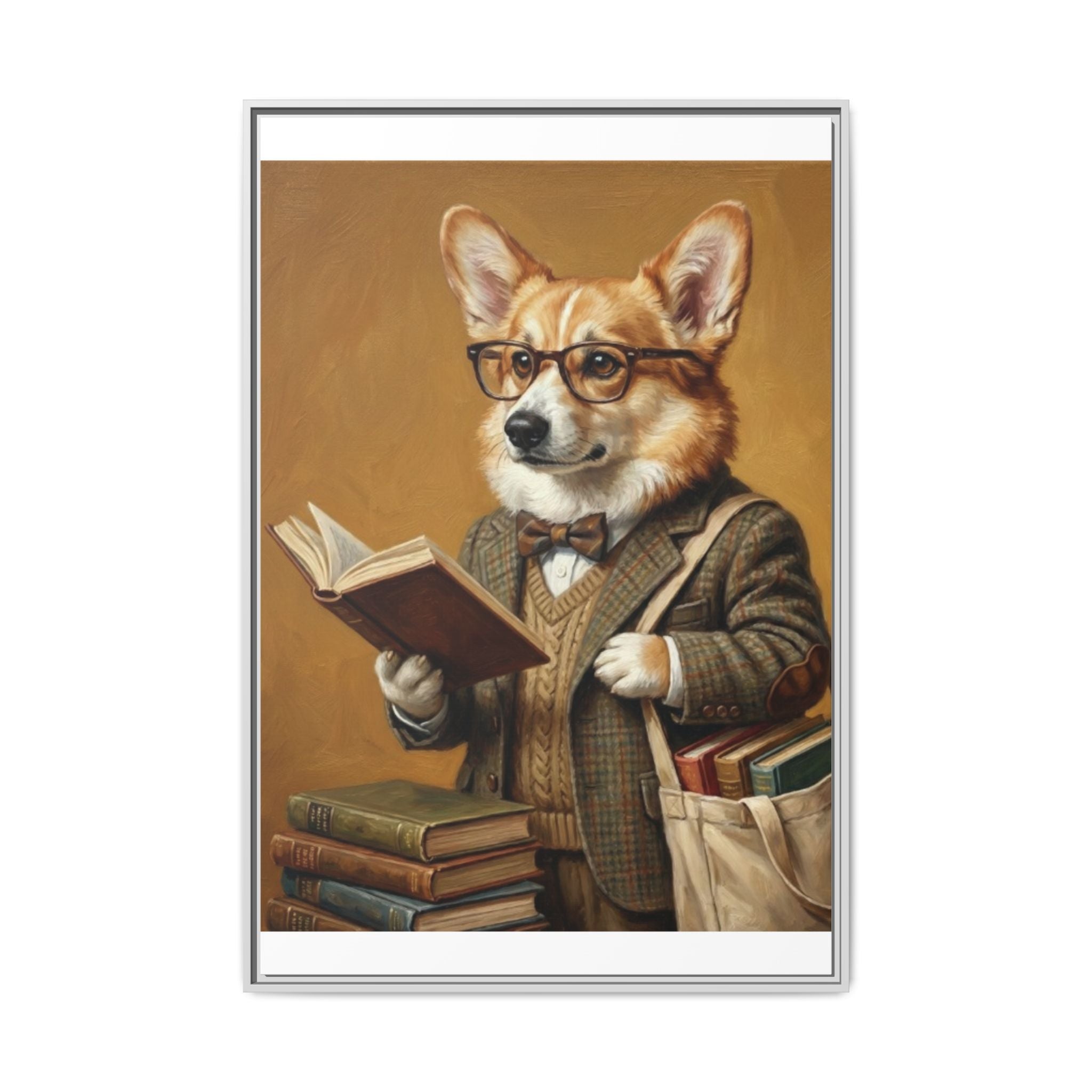 Corgi Scholar Framed Canvas Print — Vintage Dog Professor Wall Art