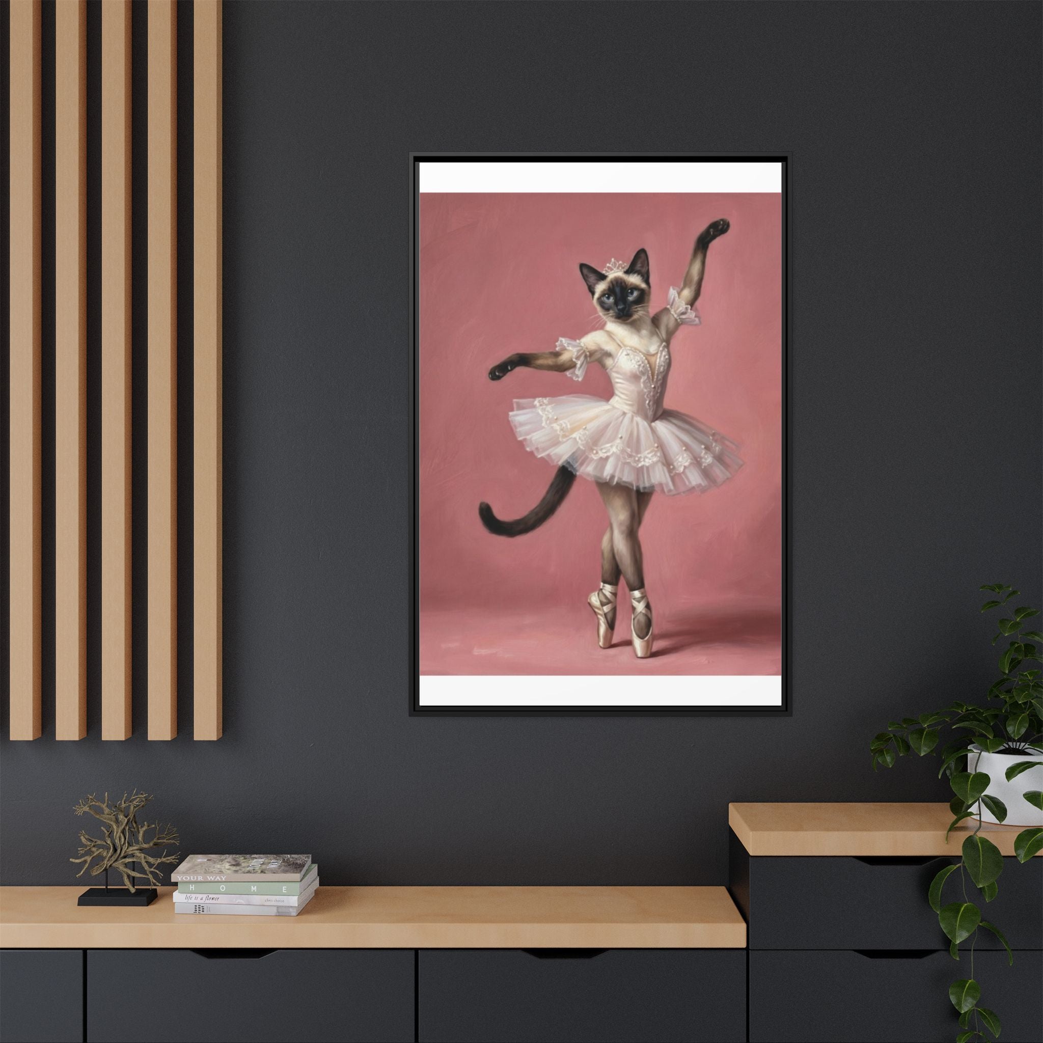Ballerina Cat Framed Canvas Print — Whimsical Ballet Cat Wall Art