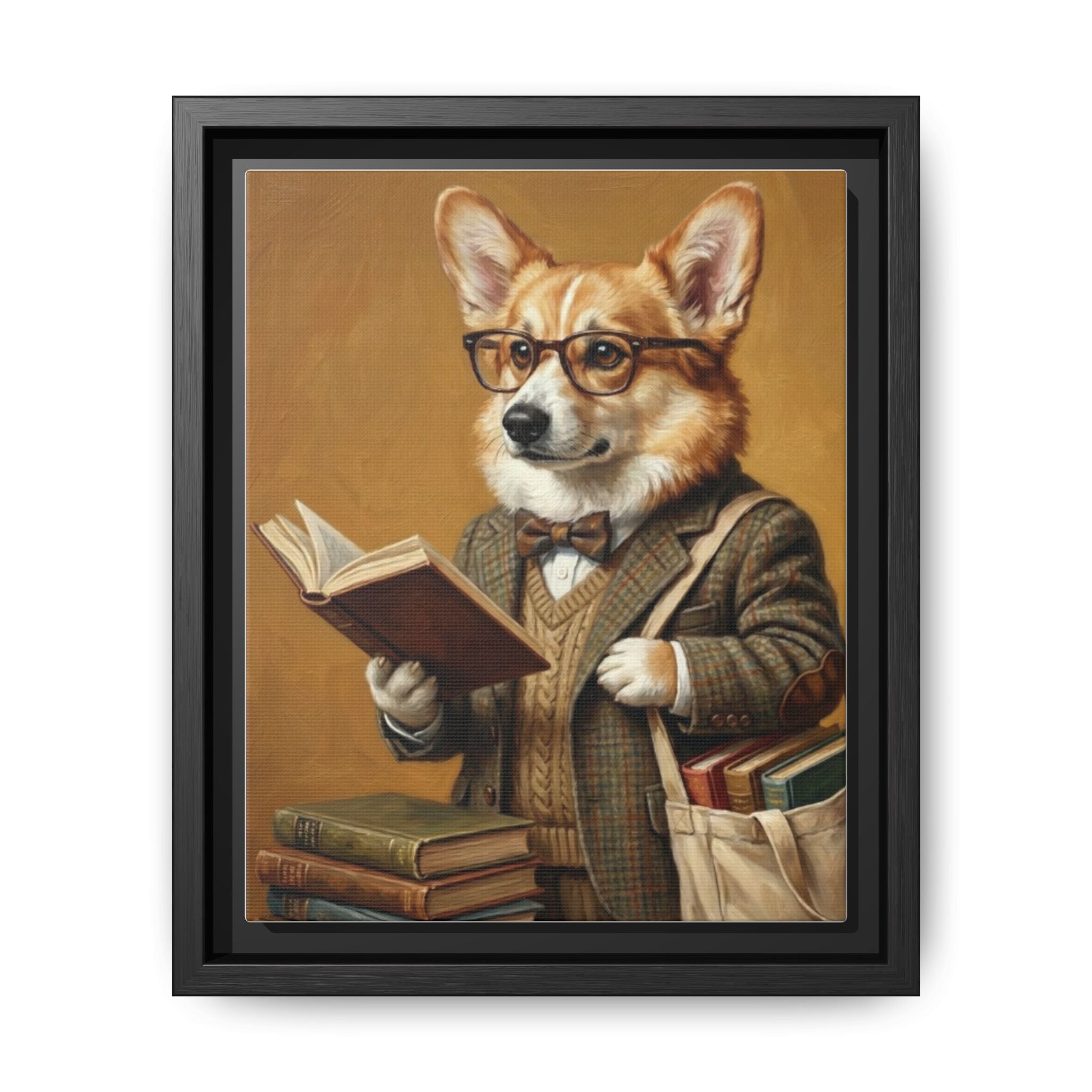 Corgi Scholar Framed Canvas Print — Vintage Dog Professor Wall Art