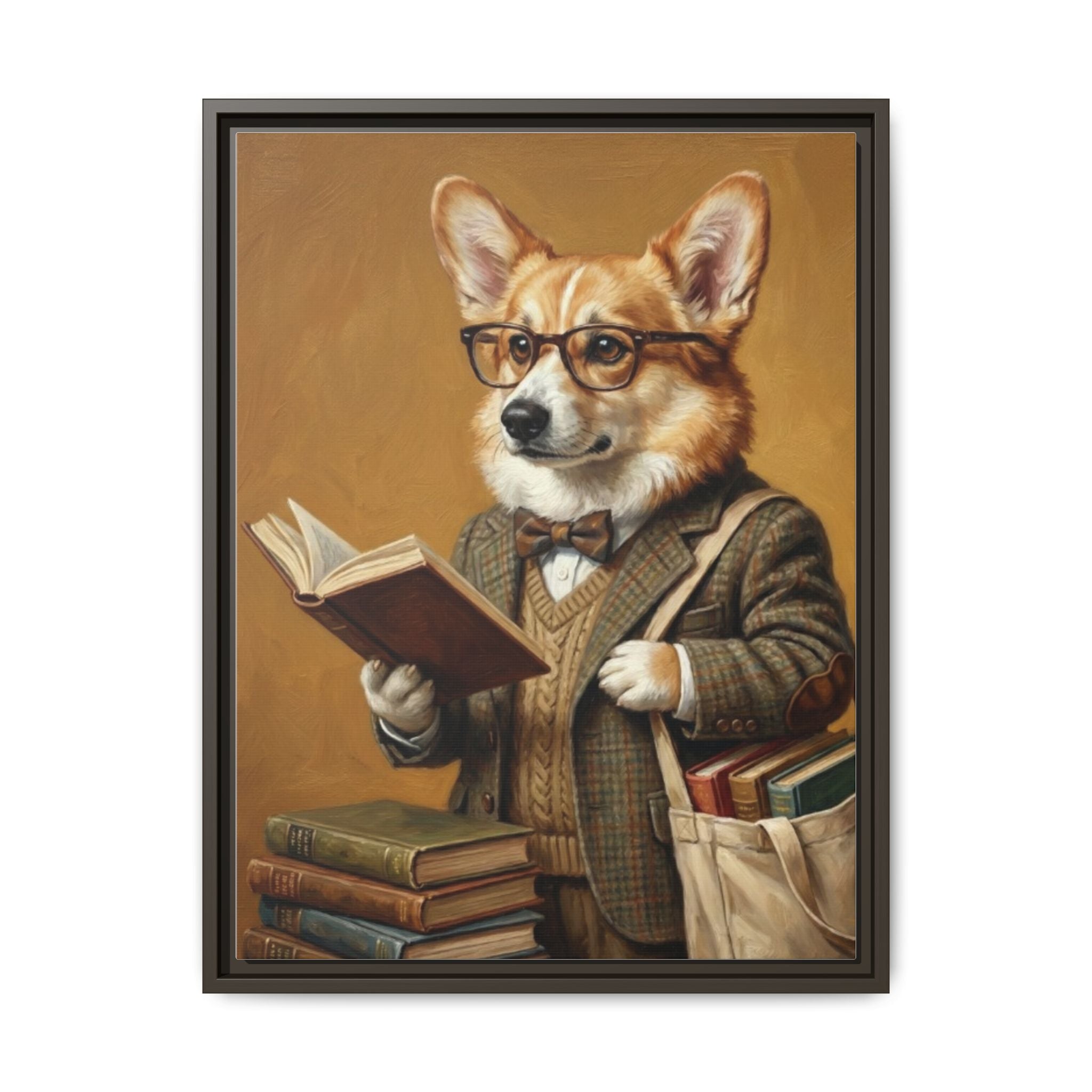 Corgi Scholar Framed Canvas Print — Vintage Dog Professor Wall Art
