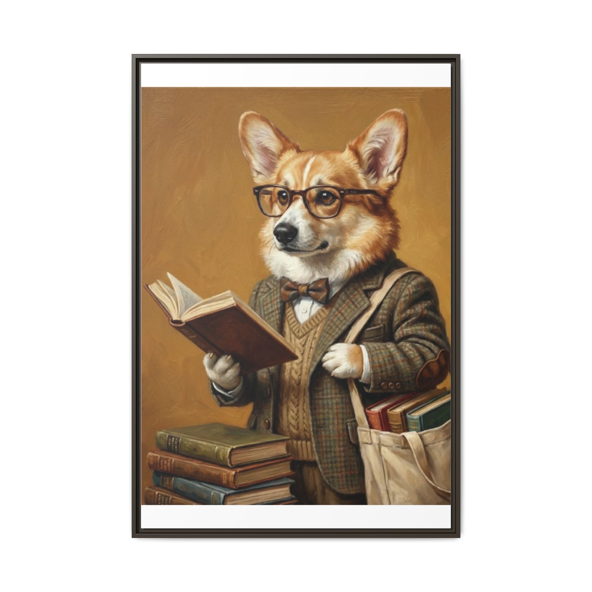 Corgi Scholar Framed Canvas Print — Vintage Dog Professor Wall Art