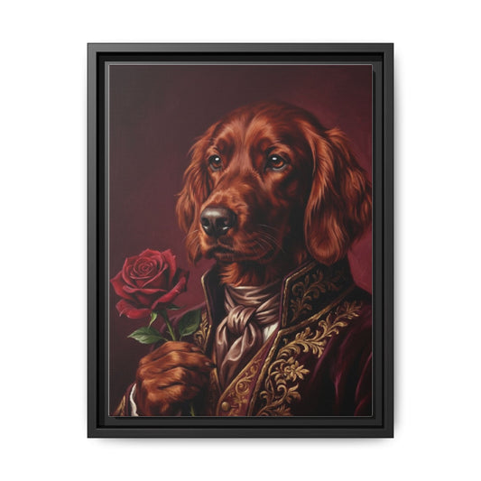 Regal Irish Setter Portrait Framed Canvas Noble Dog Holding Rose Wall Art