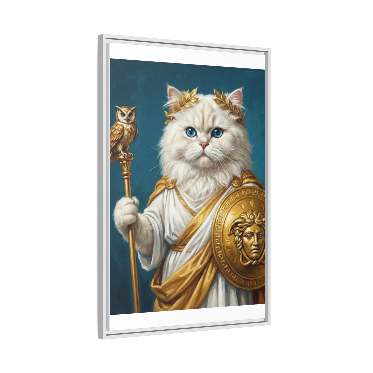 Regal Athena Cat Framed Canvas Print Mythic White Cat Wall Art