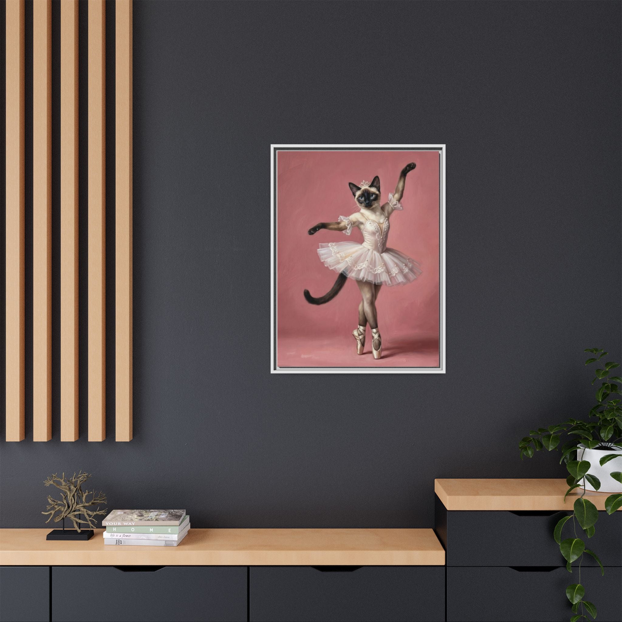 Ballerina Cat Framed Canvas Print — Whimsical Ballet Cat Wall Art