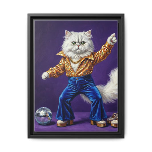 Disco Cat Framed Canvas Print Retro 70s Dancing Cat Wall Art