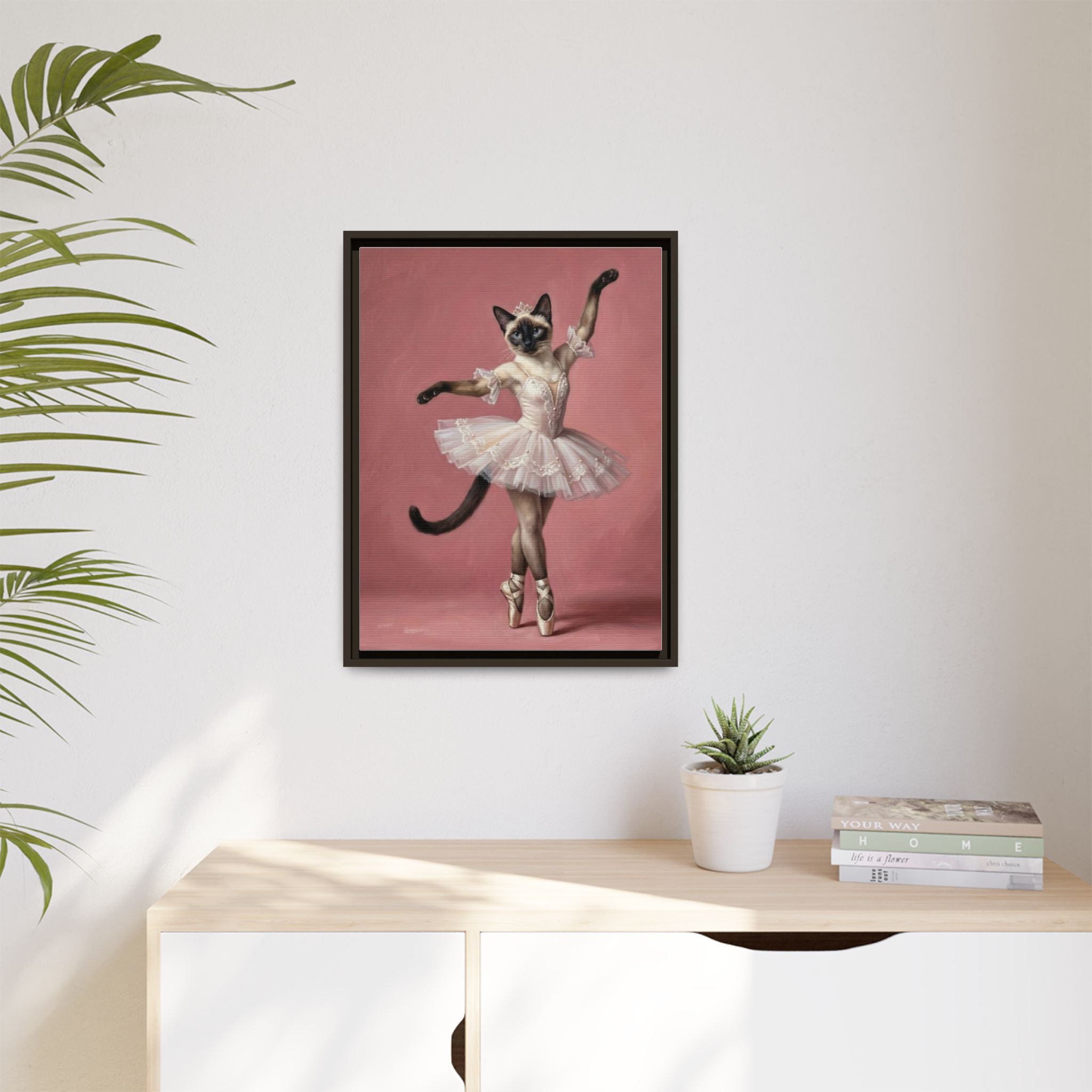 Ballerina Cat Framed Canvas Print — Whimsical Ballet Cat Wall Art