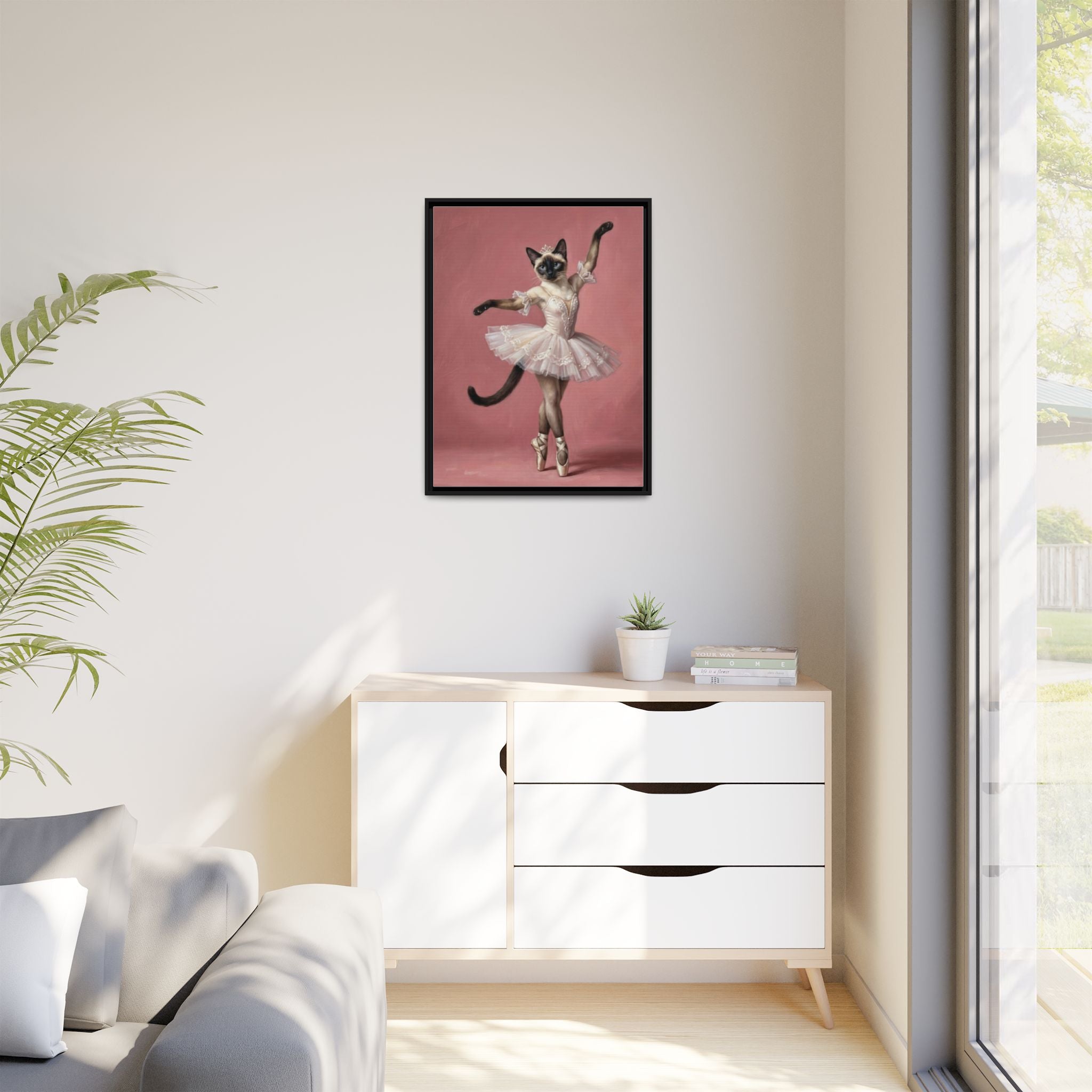 Ballerina Cat Framed Canvas Print — Whimsical Ballet Cat Wall Art