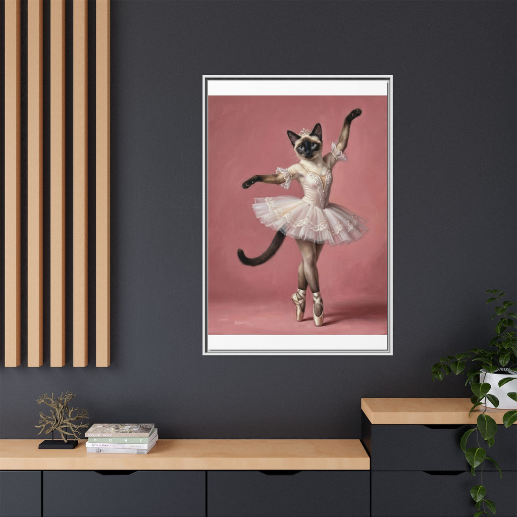 Ballerina Cat Framed Canvas Print — Whimsical Ballet Cat Wall Art