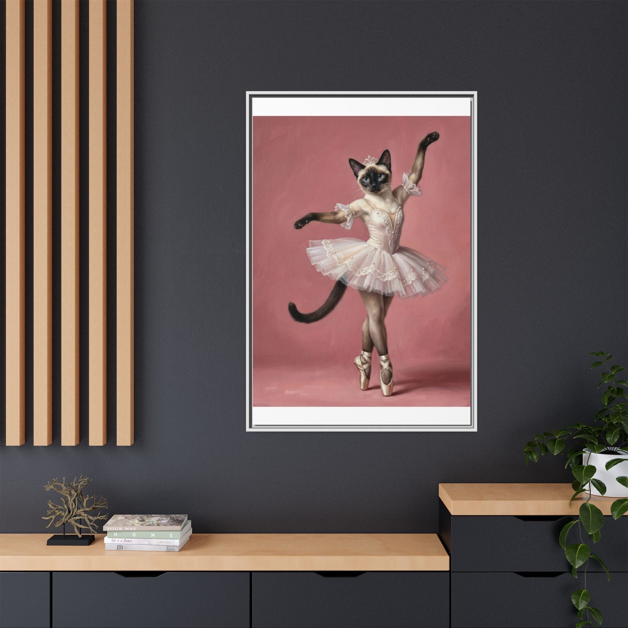 Ballerina Cat Framed Canvas Print — Whimsical Ballet Cat Wall Art