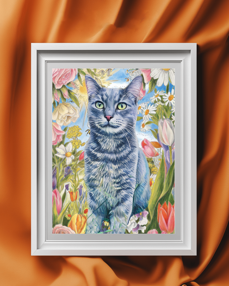 Springtime Whiskers: Custom Cat Portrait with Floral Elegance